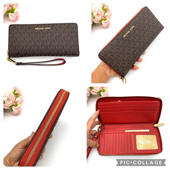 Michael Kors Jet Set Travel LG Continental Wristlet - Brown / Flame - Picture 1 of 11